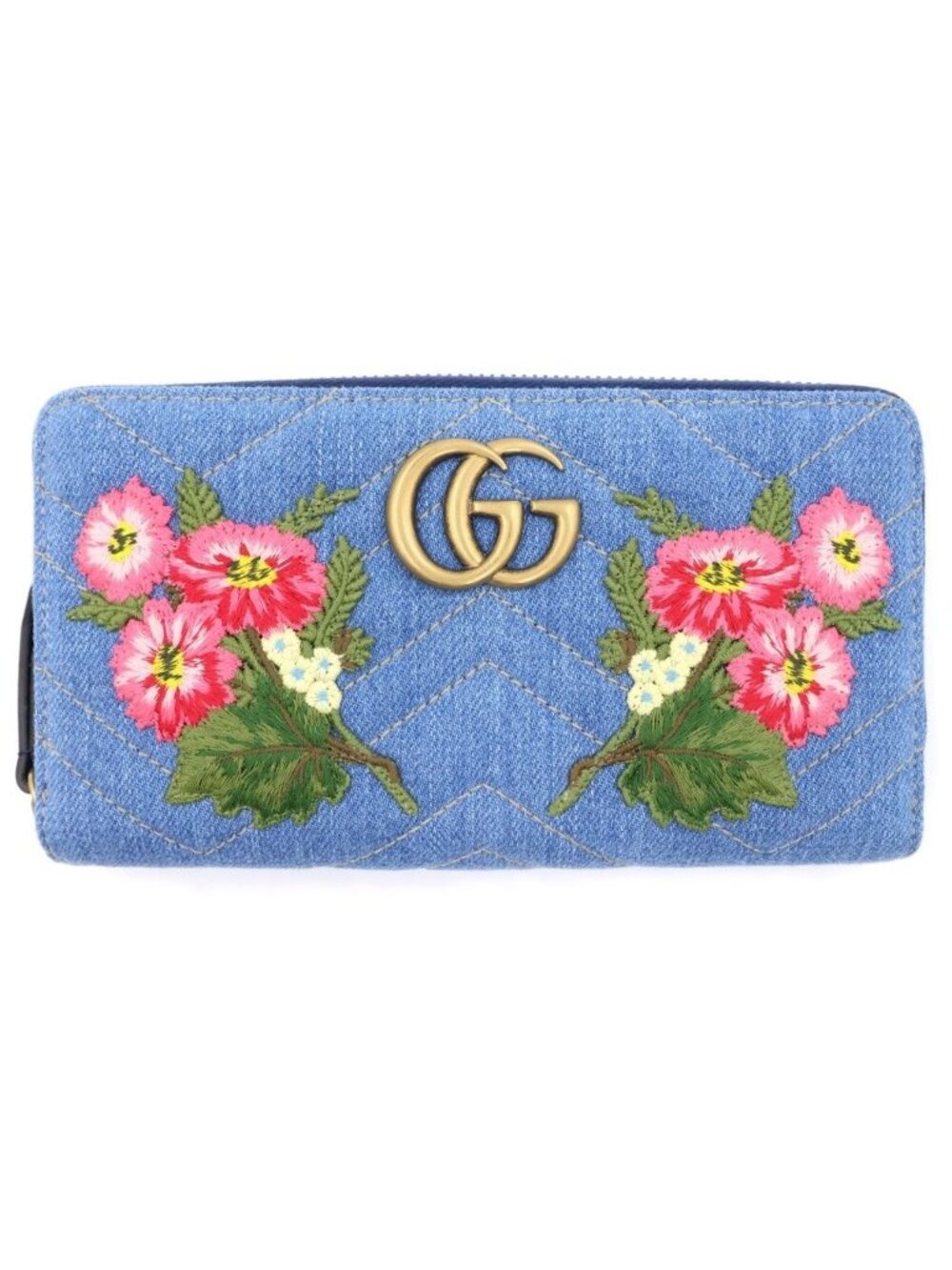 Gucci GG Marmont Flower Embroidery Chevron Zip Around Wallet Multicolor Denim